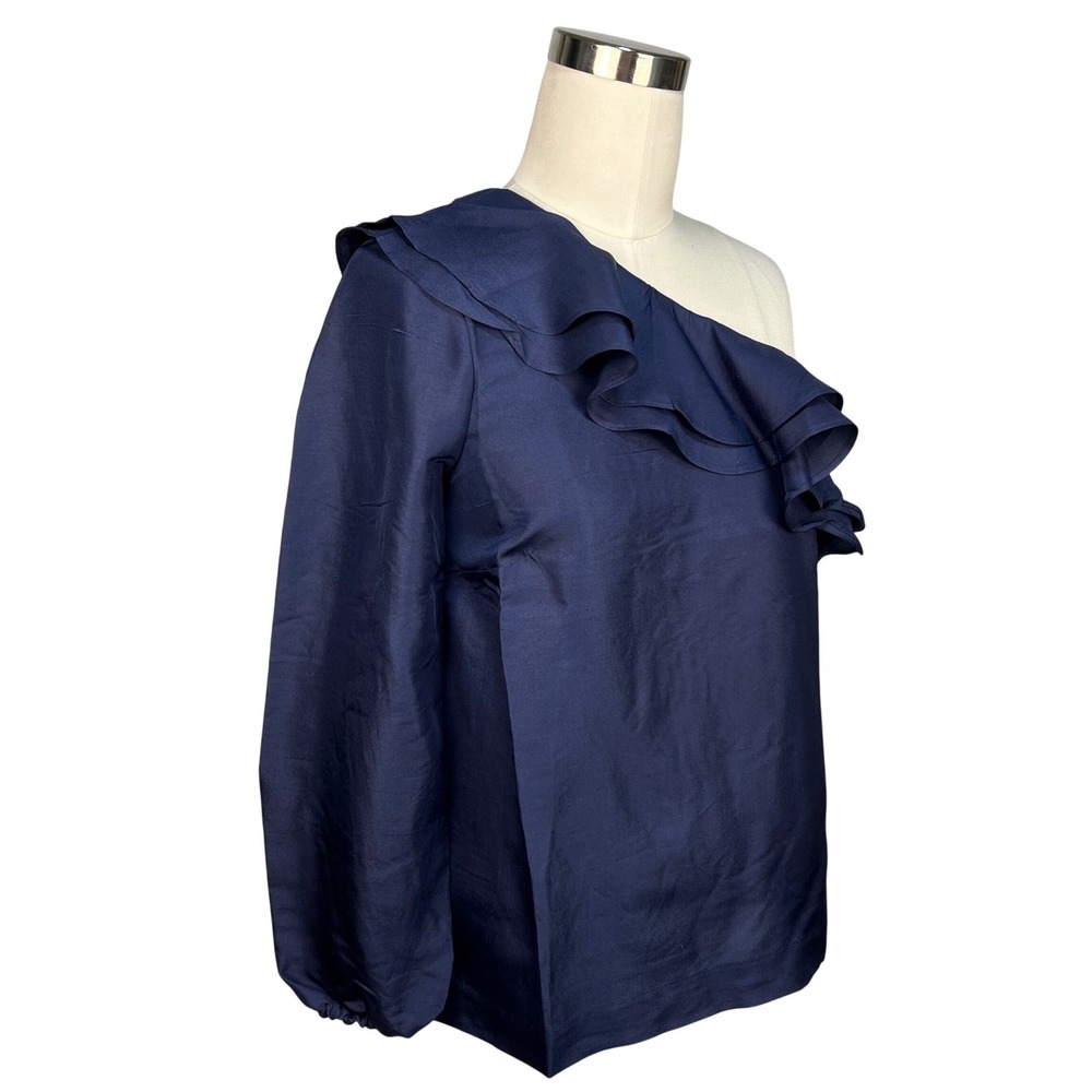 J.Crew Navy One Shoulder Ruffle Top Womens 0 Silk‎  Evening Party FLAW NWT